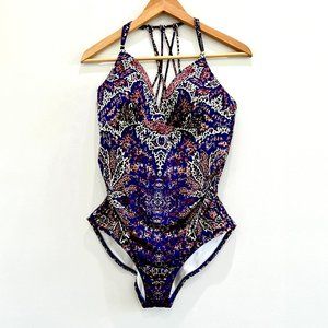 Athleta One Piece Purple Floral Print Swim Suit Large